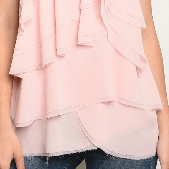 ❌DONATED❌Soft Pink Mock Neck Ruffled Frayed Edging Sleeveless Top - Picture 4 of 15